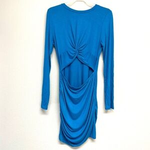 Vintage NanaMacs Sz L Midi Dress Stretch Cut Out Ruched Elastic Long Sleeve Blue